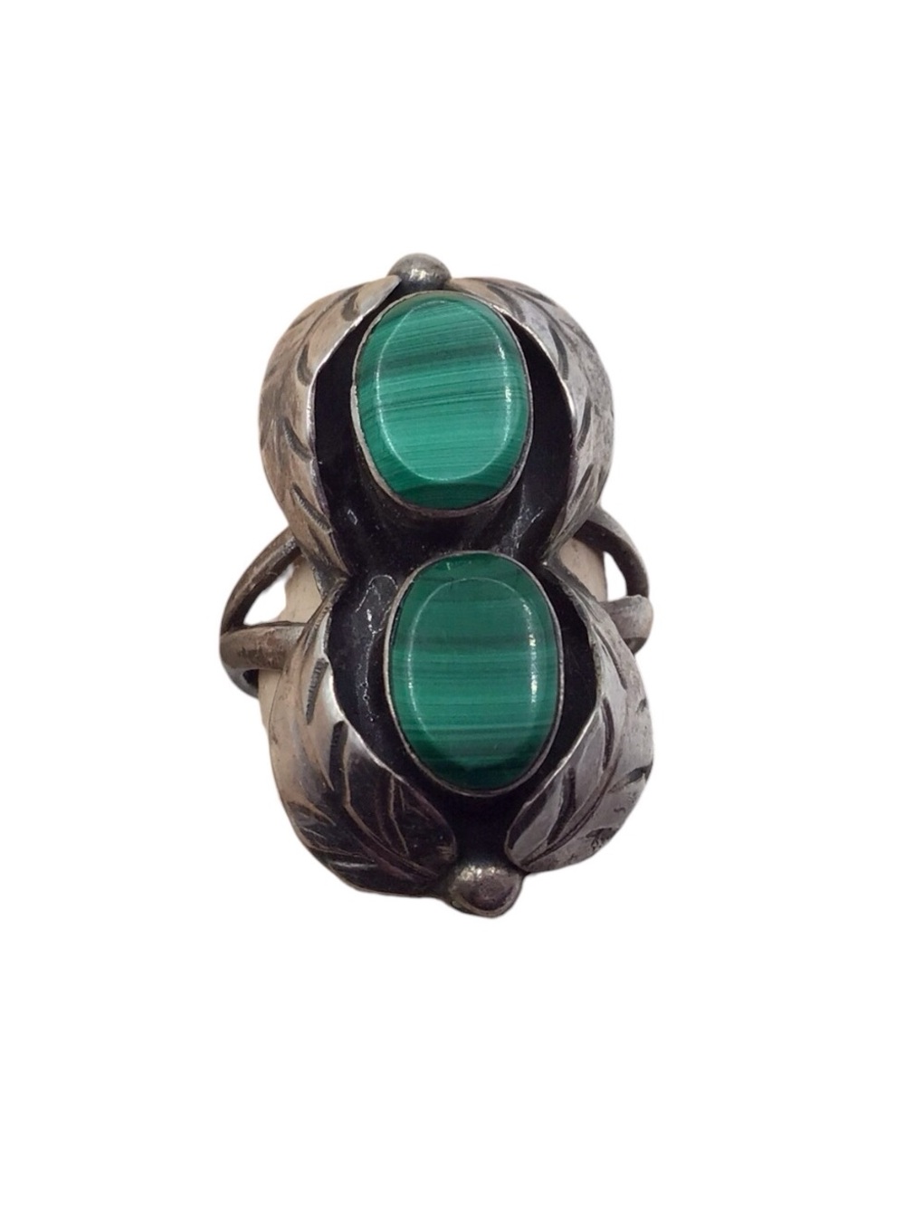 Vintage Mexico Sterling Silver Malachite Ring, US Size 7.25, Green Banded Stone